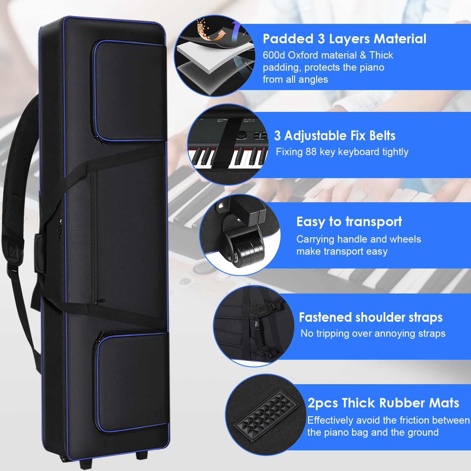 Aleemin 88 Key Keyboard Case Soft Padded with Wheels (52.75”x12.2”x7.1”)