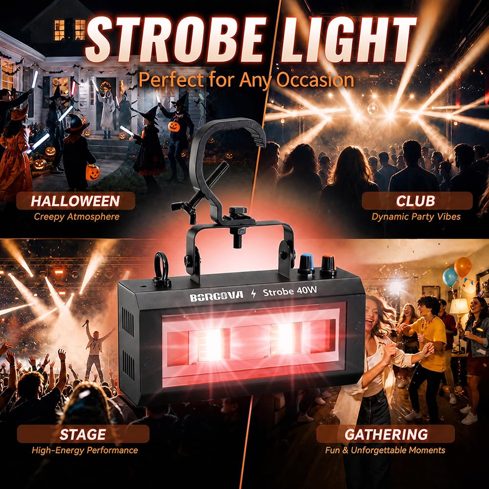 BORGOVA 40W LED Strobe Light, Portable RGB LED Stage Flashing Light