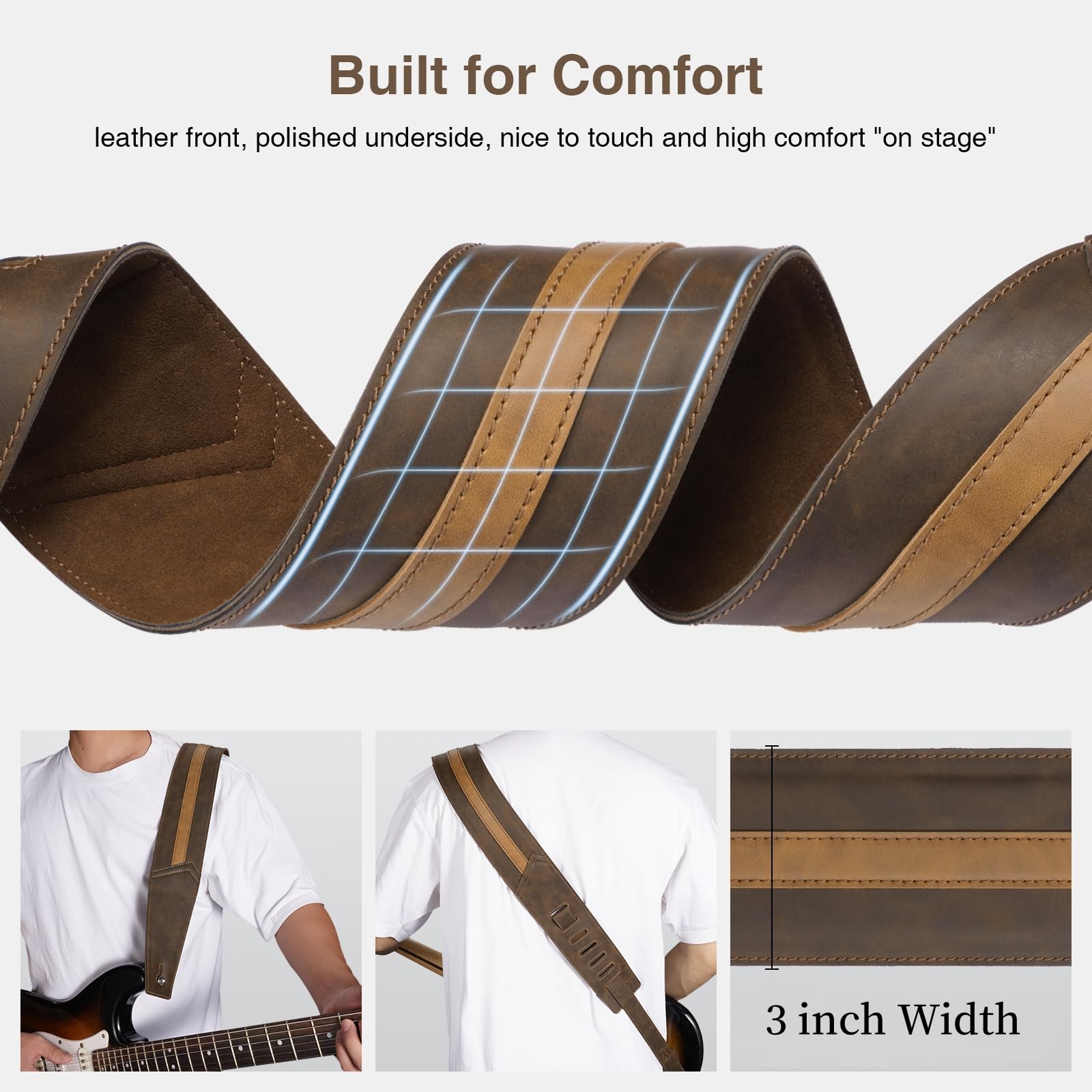 POGOLAB Leather Guitar Strap, 3 inch Wide Comfortable Foam Cushion Padded Bass Strap, Adjustable Length from 51″ to 57″, with Strap Locks & Picks, for Bass/Electric/Acoustic Guitar (Brown)