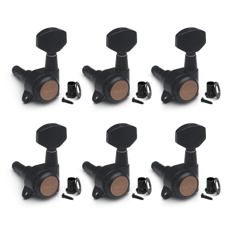 SAPHUE 6-Strings Guitar Locking Tuners 6L 1:18 Lock String Tuning Key Pegs Machine Head with Hexagonal Handle Replacement for Electric Folk or Acoustic Guitars (Black, 6L)