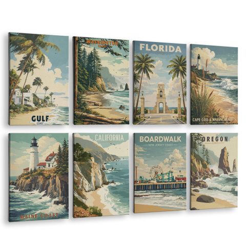 InSimSea Acoustic Art Wall Panels for Living Room, Laundry, Podcast, Game Room, 48x32in, Vintage US Coast Travel Sound Absorbing Wall Art, Cottage Poster Style, Soundproof, Noise Reduction, 8pcs