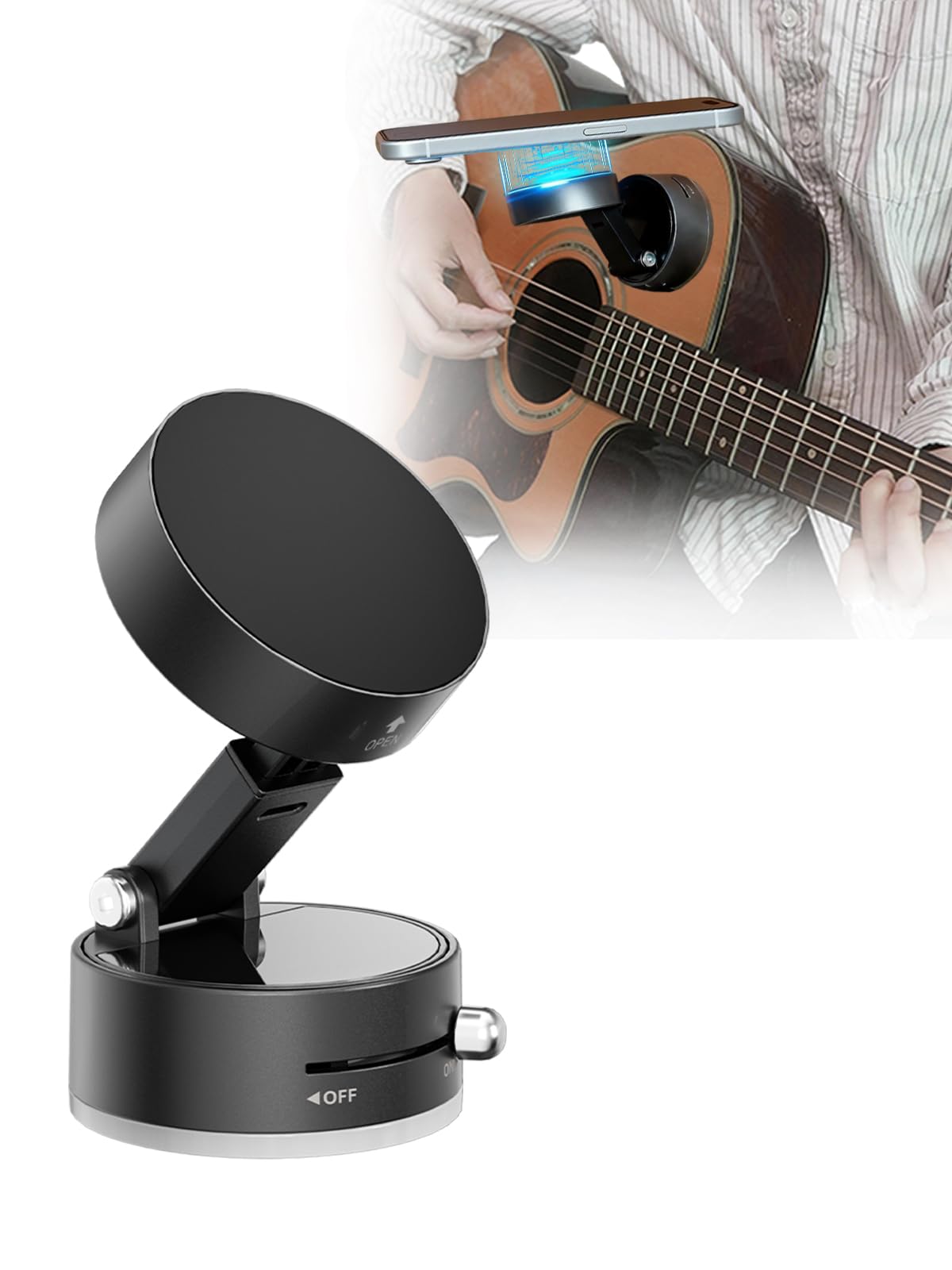 Rubierine Guitar Phone Holder for iPhone/Android, Vacuum Suction Magnetic Phone Mount with 17 N52 Magnets, 360° Rotating Palm-Size Holder for Acoustic and Electric Guitar, Bass and Ukulele