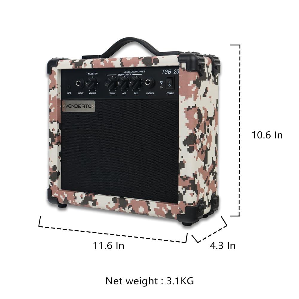 Electric Bass Guitar Amplifier 20W Amp Pixel Camo Color Aux Input Treble Middle Bass Headphone Power 6.5Inch Speaker Portable Size for Starter Beginner Practice Home and Outside
