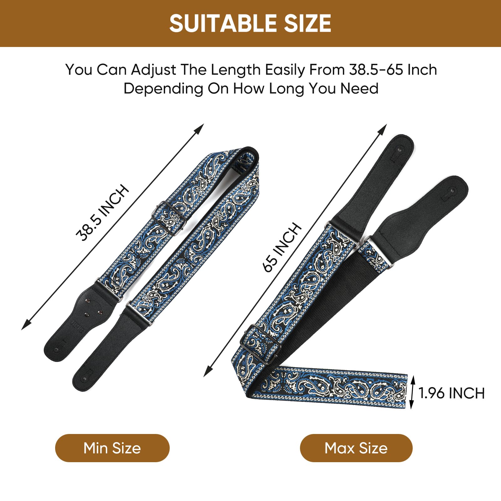 JIPIS Guitar Strap,Jacquard Embroidered Cotton Guitar Straps with Real Leather Ends for Acoustic Guitars (GS-08-2 Blue Grey Embroidery)