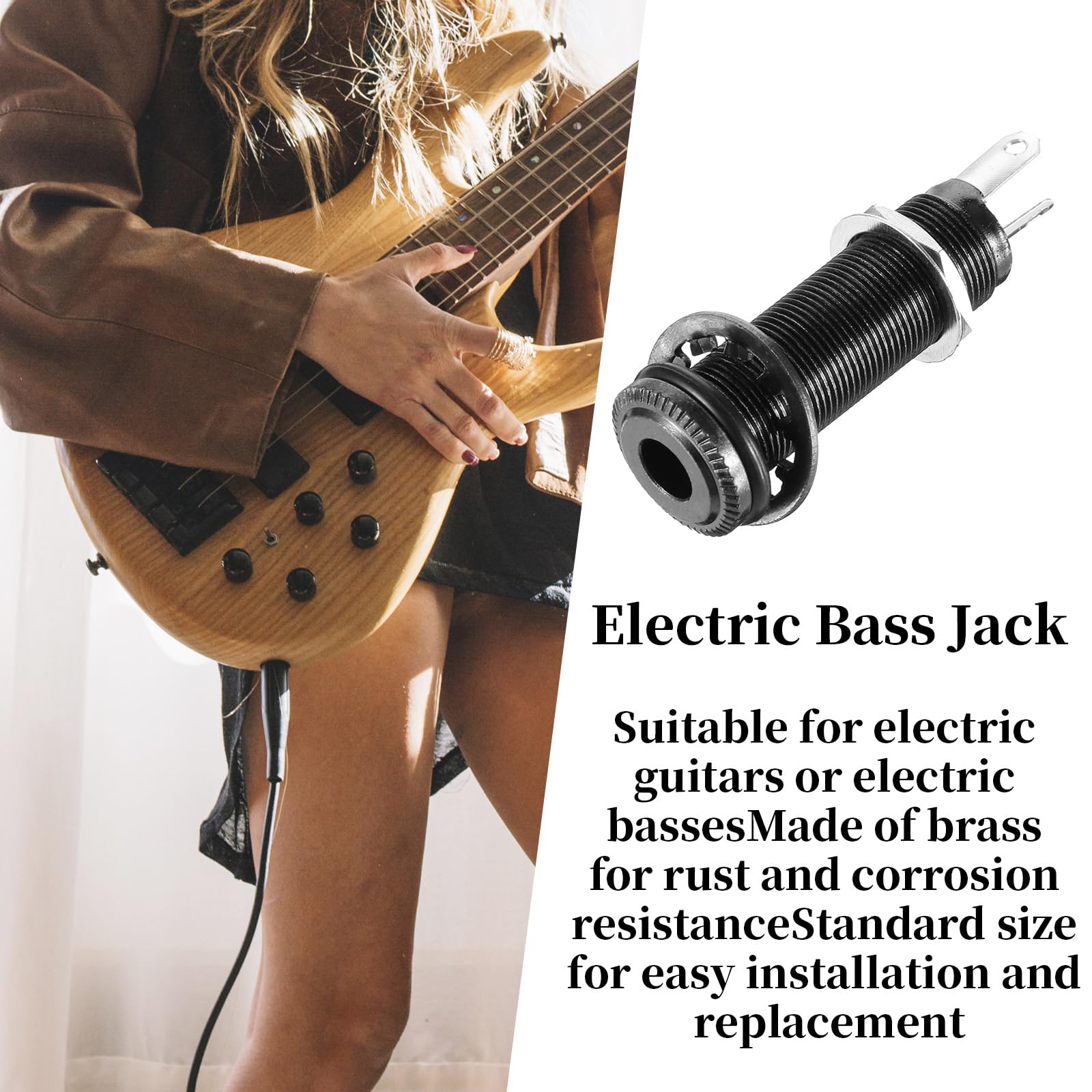 6.35mm Brass Mono Guitar Bass Jack Metal Socket Cylinder Input Output Jack Brass Mono Electric Guitars Bass 1/4inch Metal Barrel Jacks Socket with 3 Pins Guitar Accessories Parts (Black)