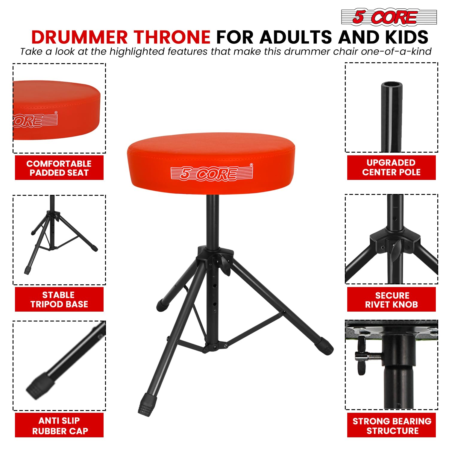 5 CORE Drum Throne Thick 3″ Padded Drum Seat Height Adjustable Drumming Stools with Anti-Slip Feet Musician Chair for Adults and Kids Drummers Orange – DS 01 ORG