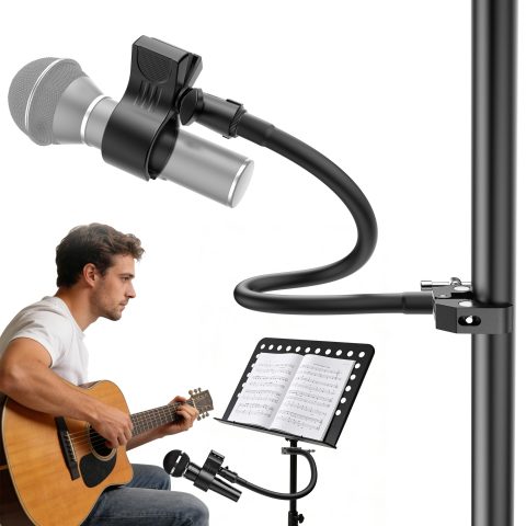 19.6″ Steel Core Flexible Gooseneck Microphone Stand with 1/4″ to 3/8″ Adapter, Mic Clip & Super Crab Clamp, Desk/Pole Mount Compatible with Shure, Fifine, AT2020, Pyle, Razer, Blue Snowball