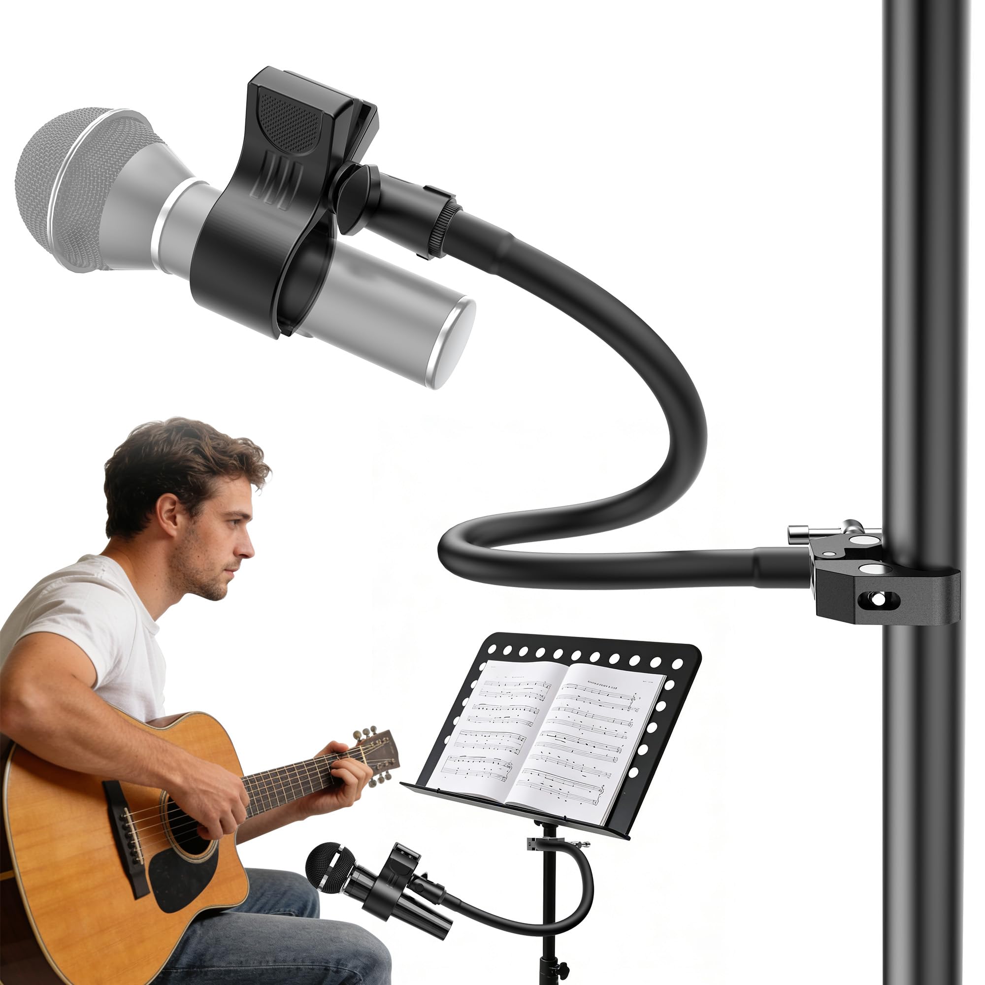 19.6″ Steel Core Flexible Gooseneck Microphone Stand with 1/4″ to 3/8″ Adapter, Mic Clip & Super Crab Clamp, Desk/Pole Mount Compatible with Shure, Fifine, AT2020, Pyle, Razer, Blue Snowball