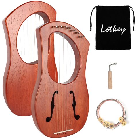 Lotkey 7 String F-Shaped Sound Holes Lyre Harp, Handcrafted Solid Okoume Wood Harp for Beginners, Musical Instrument Portable Gift with Storage Bag, Tuning Wrench & Spare Strings for Kids & Adults.