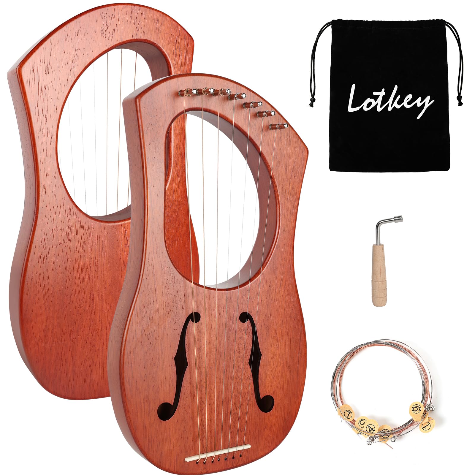 Lotkey 7 String F-Shaped Sound Holes Lyre Harp, Handcrafted Solid Okoume Wood Harp for Beginners, Musical Instrument Portable Gift with Storage Bag, Tuning Wrench & Spare Strings for Kids & Adults.