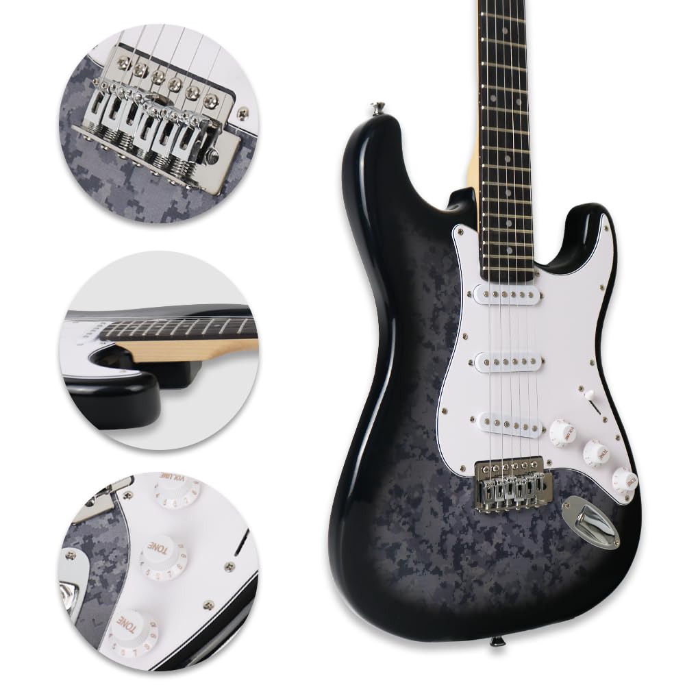 Digital Camouflage Black Full‑Size Beginner Kit Electric Guitar Set with 20W Amplifier Gig Bag Capo Extra Strings Strap Picks Noiseless Cable(ST.Camo Grey)