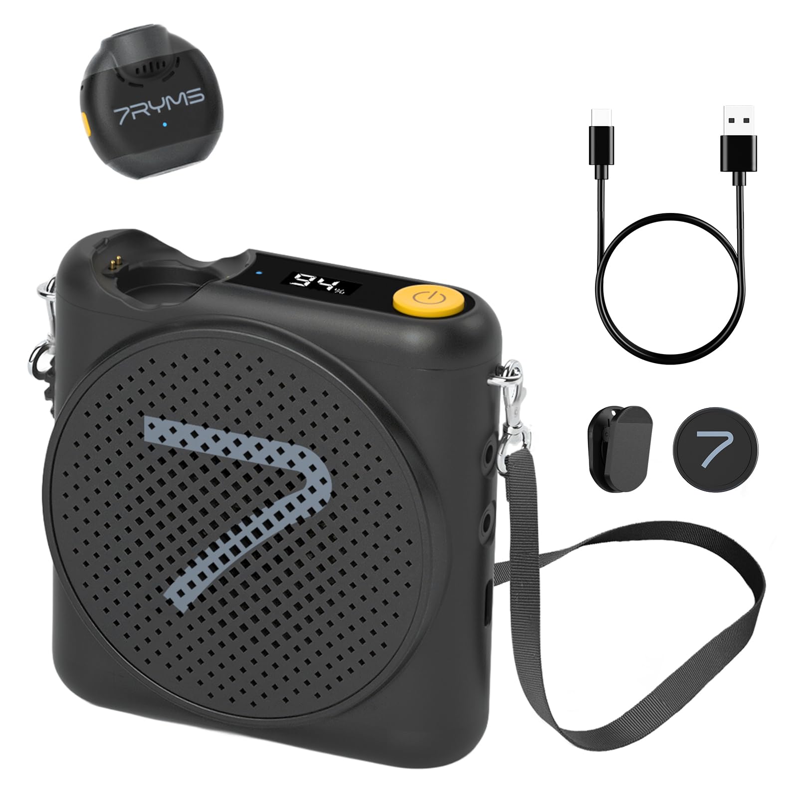 7RYMS WA2 Wireless Voice Amplifier for Teachers with Magnetic Lavalier Mic, Wireless Portable Amplifier with Noise Canceling, Mini Voice Amplifier for Classroom, Meeting, Training, Speech (Black)