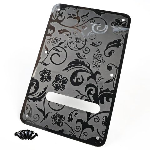OVSAL Stainless Steel Guitar Back Plate 6 holes Engraved Metal Trem Tremolo Cover Electric Guitar Back Cover Plate Compatible with USA/Mexican Standard FD Strat ST Replacement Parts (Black)