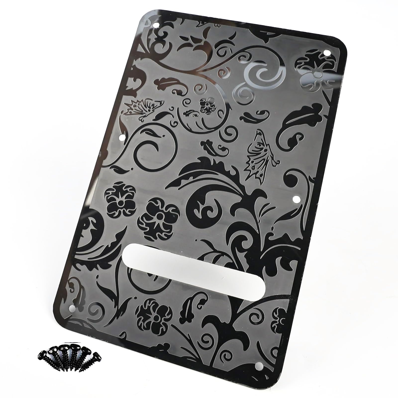 OVSAL Stainless Steel Guitar Back Plate 6 holes Engraved Metal Trem Tremolo Cover Electric Guitar Back Cover Plate Compatible with USA/Mexican Standard FD Strat ST Replacement Parts (Black)