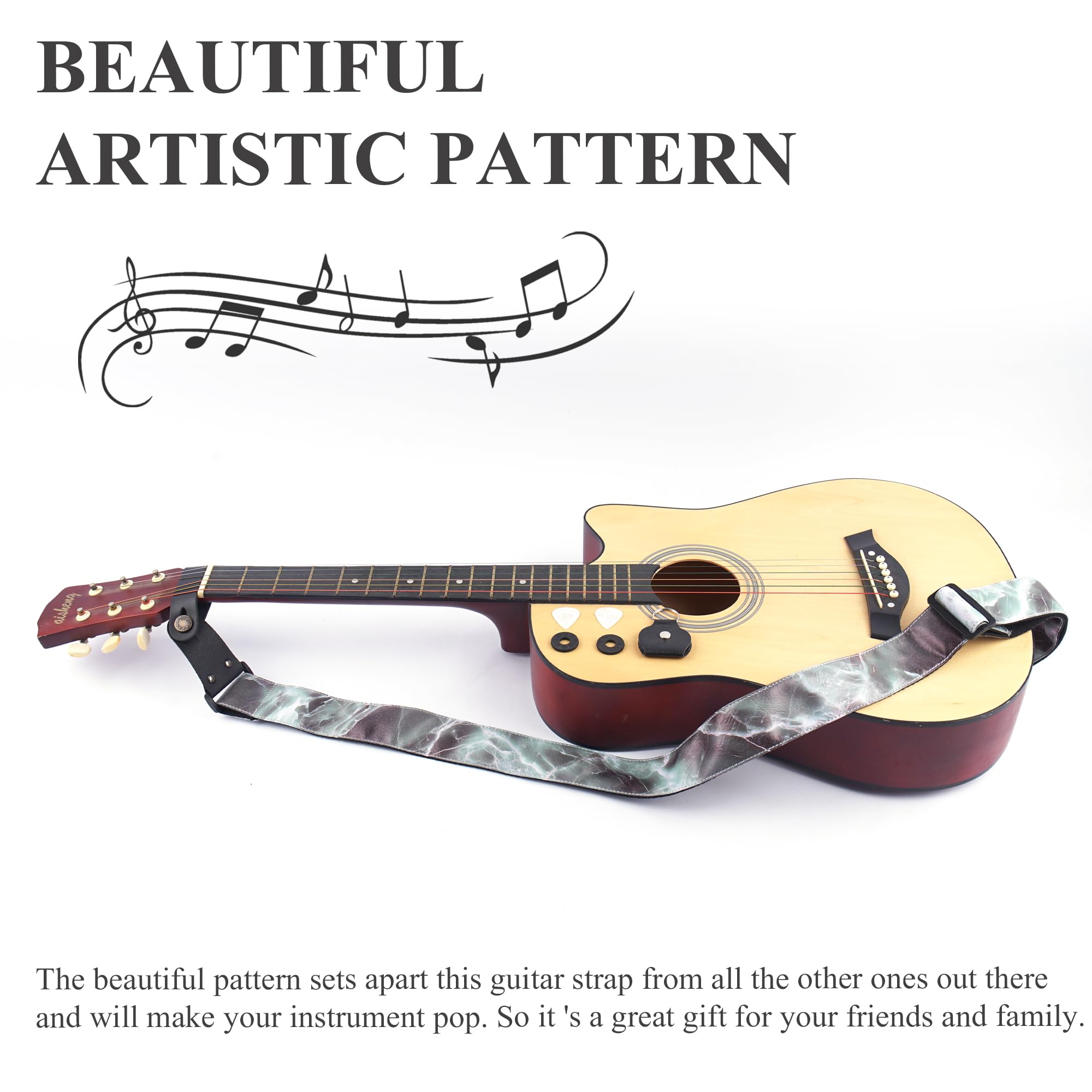 LIZIMANDU Adjustable Guitar Strap Includes 2 Strap Locks & 2 Matching Picks & 1 Picks Holder & 1 leather Strap Button(1-Printed Jade)