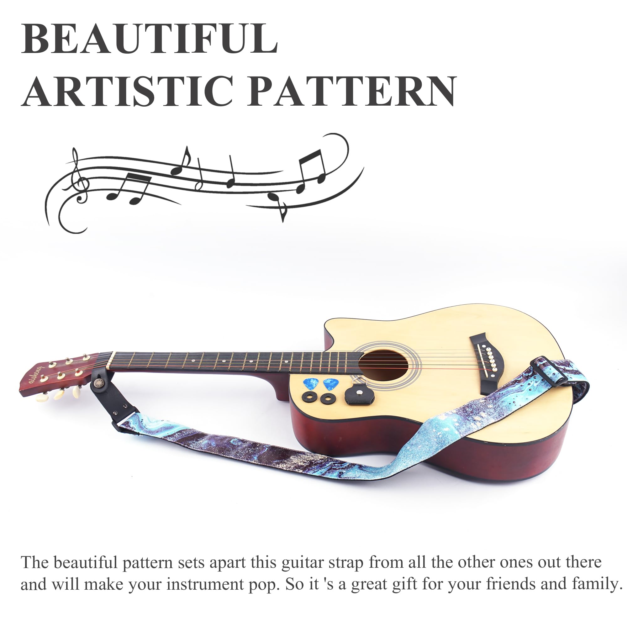 LIZIMANDU Adjustable Guitar Strap Includes 2 Strap Locks & 2 Matching Picks & 1 Picks Holder & 1 leather Strap Button(1-Printed Blue Quicksand)
