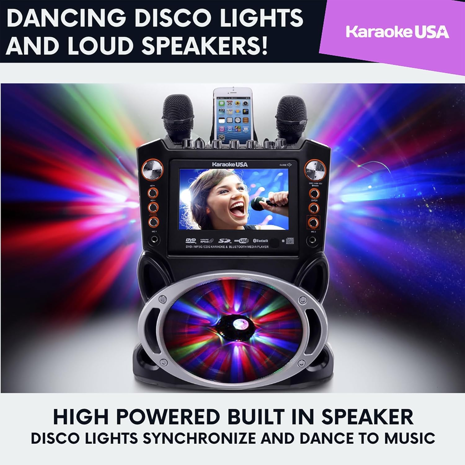 Karaoke Machine with Lyrics Display 7″ Screen. CD+G, DVD, MP3+G, MP3, CD & USB. Wireless Bluetooth Speaker with LED Disco Lights. Includes 2 Wired Microphones and 2 Bonus Karaoke Discs By Karaoke USA