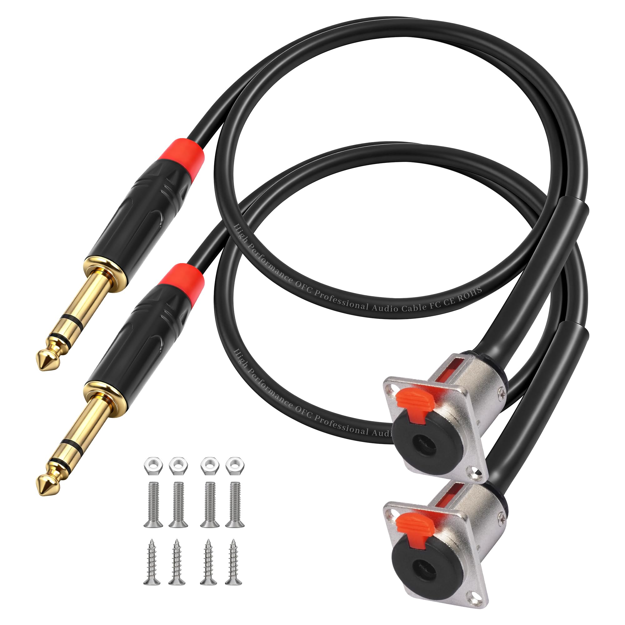 Voluty Tek D-Type Panel 1/4″ 6.35MM Female to 6.35MM Male Stereo Jack Cable TRS Female Solderless Wall Plate to 1/4 Male Cable 60CM 2FT 2PCS