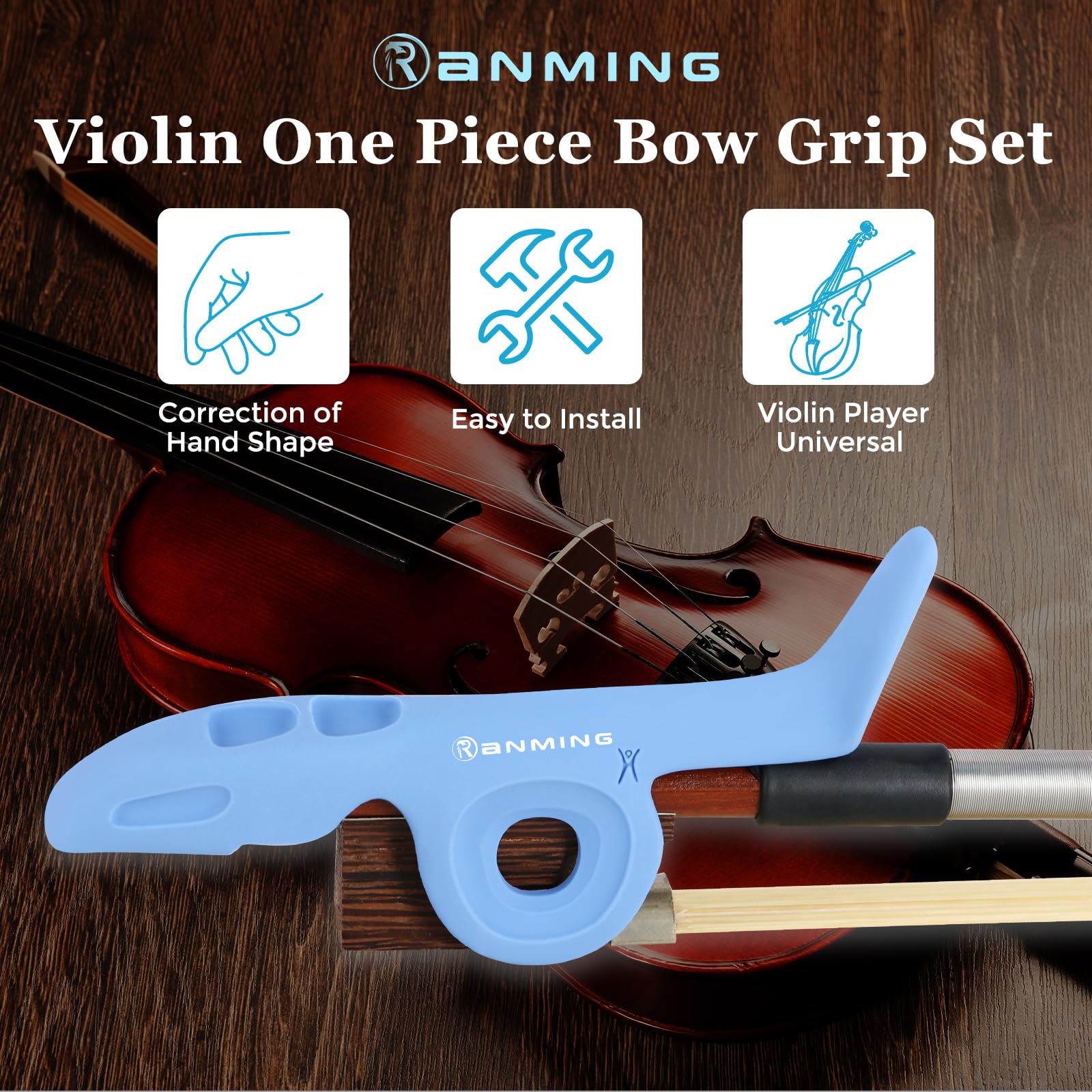 RANMING Violin Bow Holder for Practice– Silicone Hand Position Corrector Non-Slip Teaching Tool for Beginners Students Improve Bow Grip & Posture Violin Teaching Aid With 2 Bow Stopper Blue