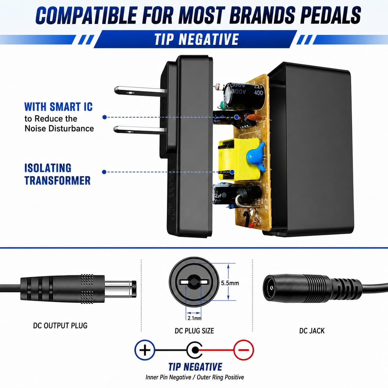 AITONE 9V DC Guitar Pedal Power Supply, 800mA Center-Negative Adapter with 4-Way Daisy Chain, 5.5 x 2.1mm Plug, 100-240V Input for Effects Pedals