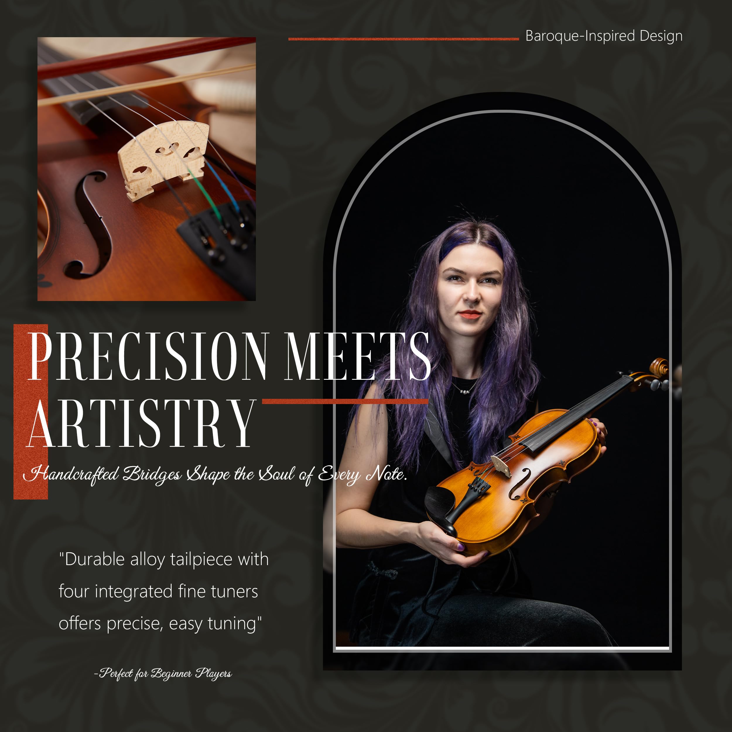 AKLOT Handcrafted Full Size Violin: Solid Wood Matte Fiddle, Acoustic Beginner 4/4 Violin Kit with Hard Case, Lesson Book, Bow, Shoulder Rest, Extra Strings, Tuner, Fretboard Stickers (VRT-AmiMS)