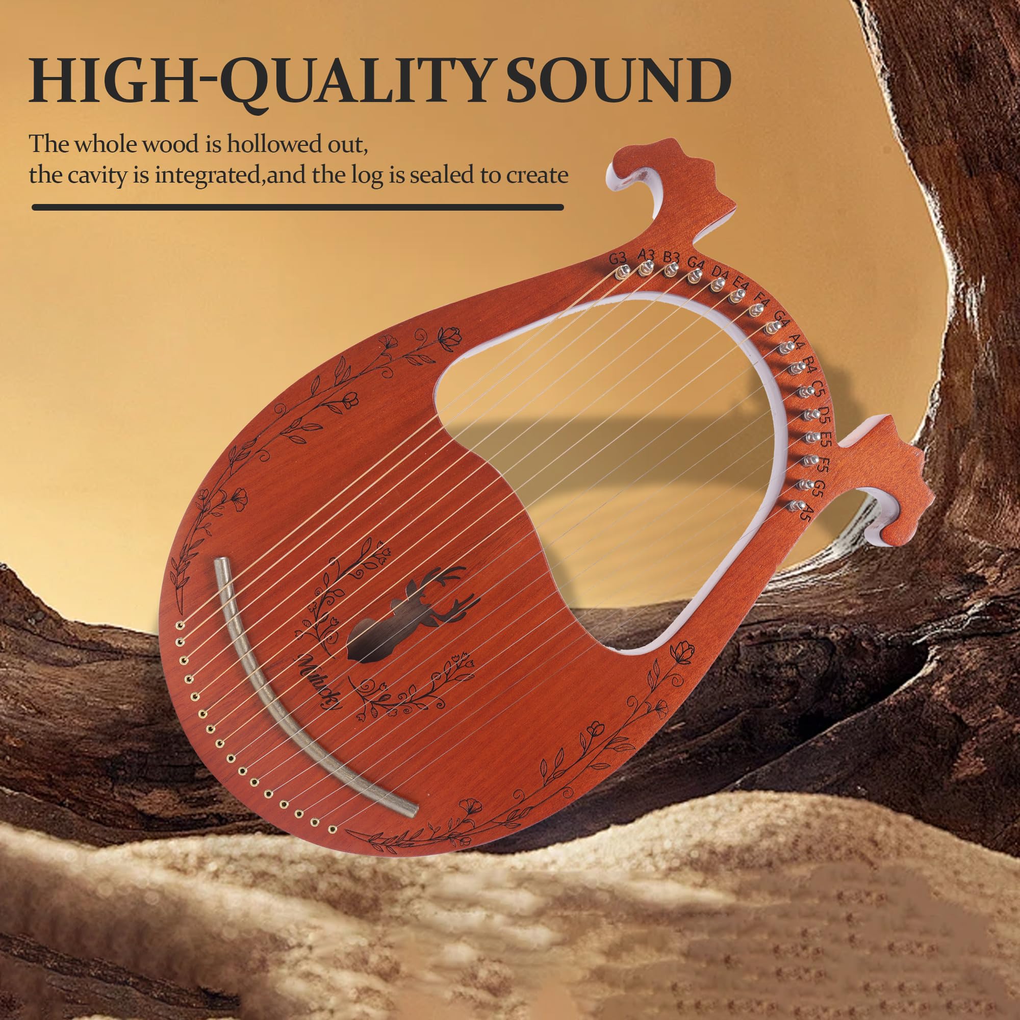 Mulucky Lyre Harp 16 Metal Steel String Bone Saddle Mahogany Lyre Instrument with Tuning Wrench and Black Gig Bag – MLH1602