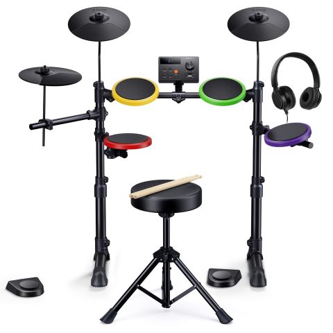 Donner DED-70SE Electric Drum Set for Kids, Electronic Drums with 4 Quiet Silicone Pads, 9″ Cymbals, 150 Sounds, 15 Kits, USB MIDI, Type-C Input, Throne, Headphones, Sticks, Melodics Lessons