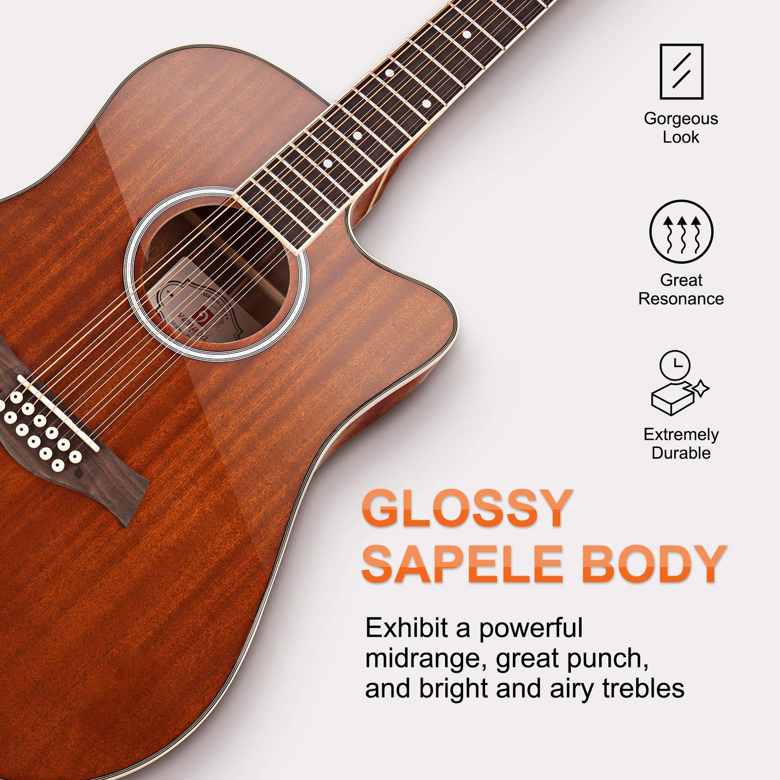 Vangoa 12 String Guitar Acoustic Electric, Upgraded Guitar 12 Strings Bundle for Beginner Intermediate Adults Teens, Guitarra de 12 Cuerdas, Sapele Body Bone Nut, Brown Glossy