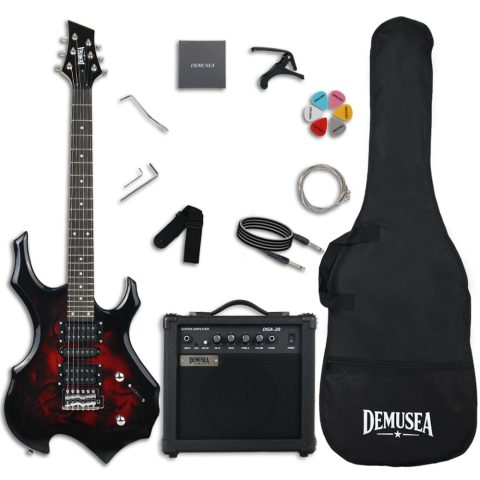 DEMUSEA Black Red Flame Shape Electric Guitar Kit Full Size Solid Body Guitar with 20W Amp HSH Pickups Single Tremolo Bridge Beginner Practice Set Gig Bag Complete Starter Accessories (FIRE, REDFIRE)