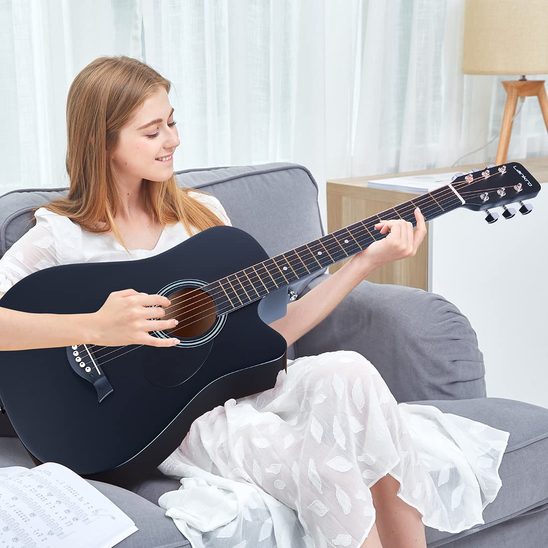 Lankro 38 inch Guitar Black Acoustic Guitar Beginner kit Adult Cutaway Acoustic Guitar Guitarras Starter Set Bundle with Padded Gig Bag, Strap, Capo, Strings, Picks