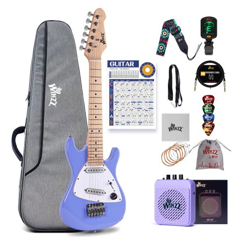 Winzz 30 Inch Kids Electric Guitar Beginner Kit, Junior 1/4 Size Mini Electric Guitar for Children Complete Stater Set with Amp, Gloosy Purple Colour