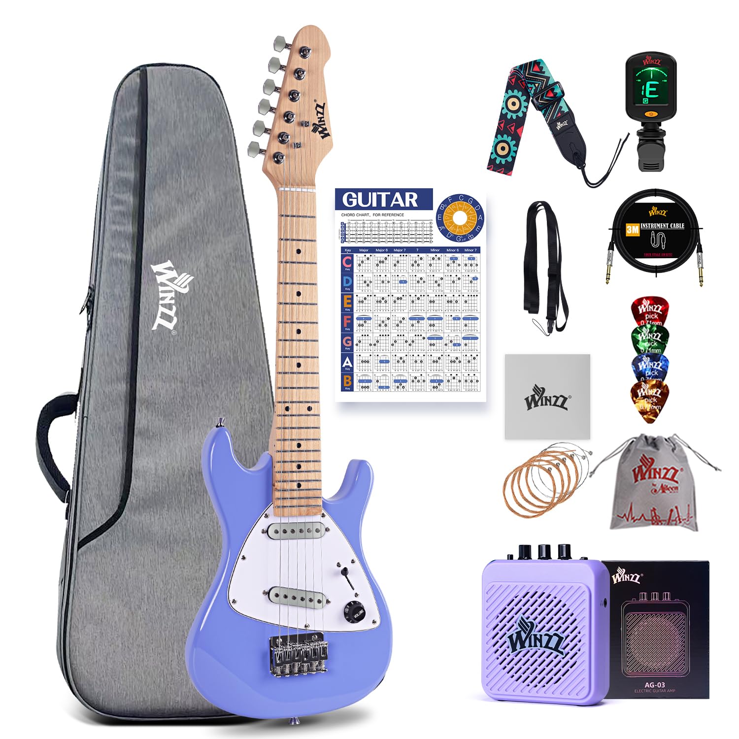 Winzz 30 Inch Kids Electric Guitar Beginner Kit, Junior 1/4 Size Mini Electric Guitar for Children Complete Stater Set with Amp, Gloosy Purple Colour