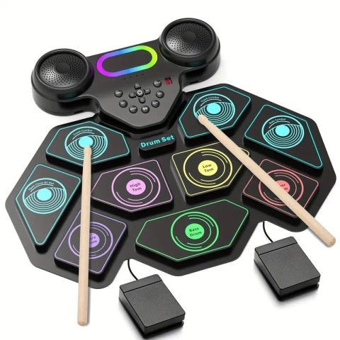2025 Upgrade Electronic Drum Set 9-Pad Roll-Up – Portable Silicone Drum Kit with 2 Pedals, Built-in Speakers, MIDI & Headphone Jack – Ideal for Practice & Travel (Stripe pattern)