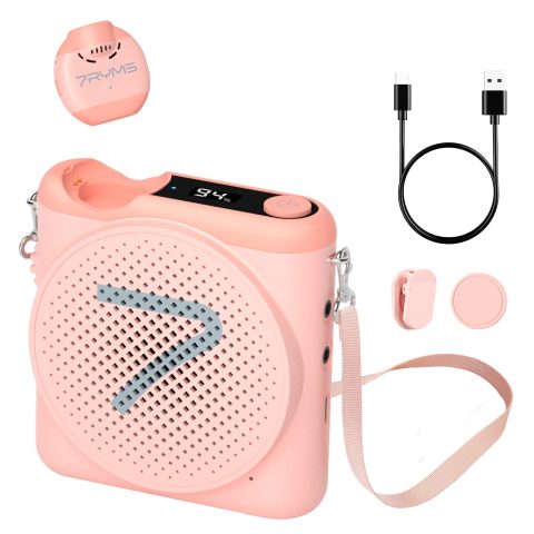 7RYMS WA2 Wireless Voice Amplifier for Teachers with Magnetic lavalier Mic, Wireless Portable Amplifier with Noise Canceling, Mini Voice Amplifier for Classroom, Meeting, Training, Speech (Pink)