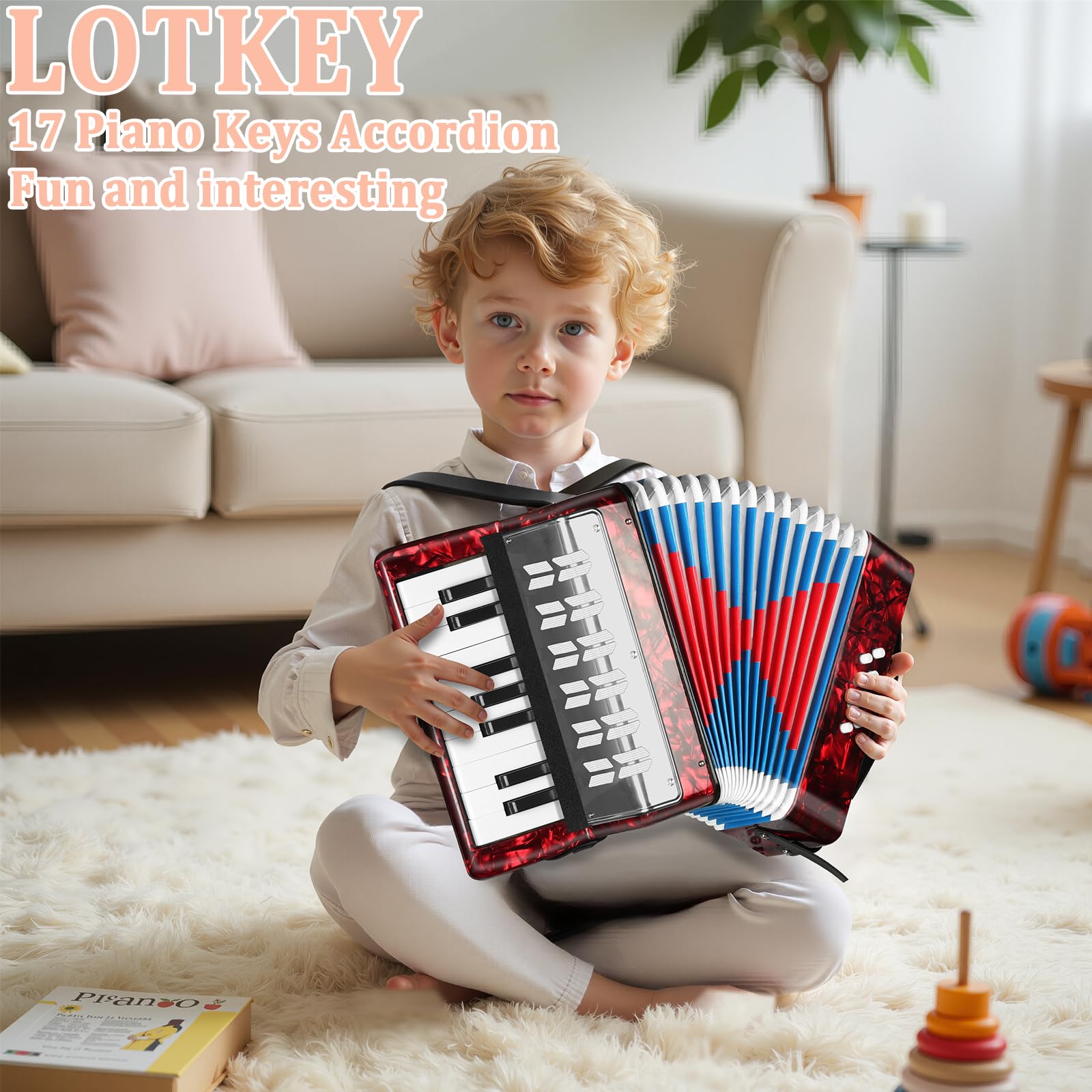 Lotkey 17 Key Piano Accordion, 8 Bass Kids Accordion, Celluloid Body, Metal Cover Accordions Louder Clearer Timbre Than Plastic, Lightweight Design for Children, Beginners to Practice (Red)