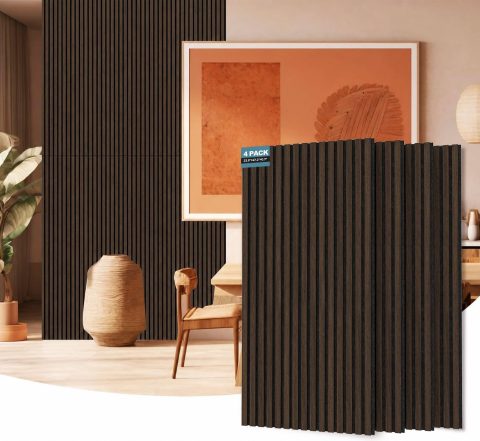 AKUMAX Extra-Thick 0.7″ Wood Slat Acoustic Wall Panels, 4 Pack 47.2″ x 23.6″, 31 ft², NRC 0.80 Sound Absorbing 3D Slat Wall Paneling with Real Wood Veneer, E0 MDF and PET Felt, Black Walnut