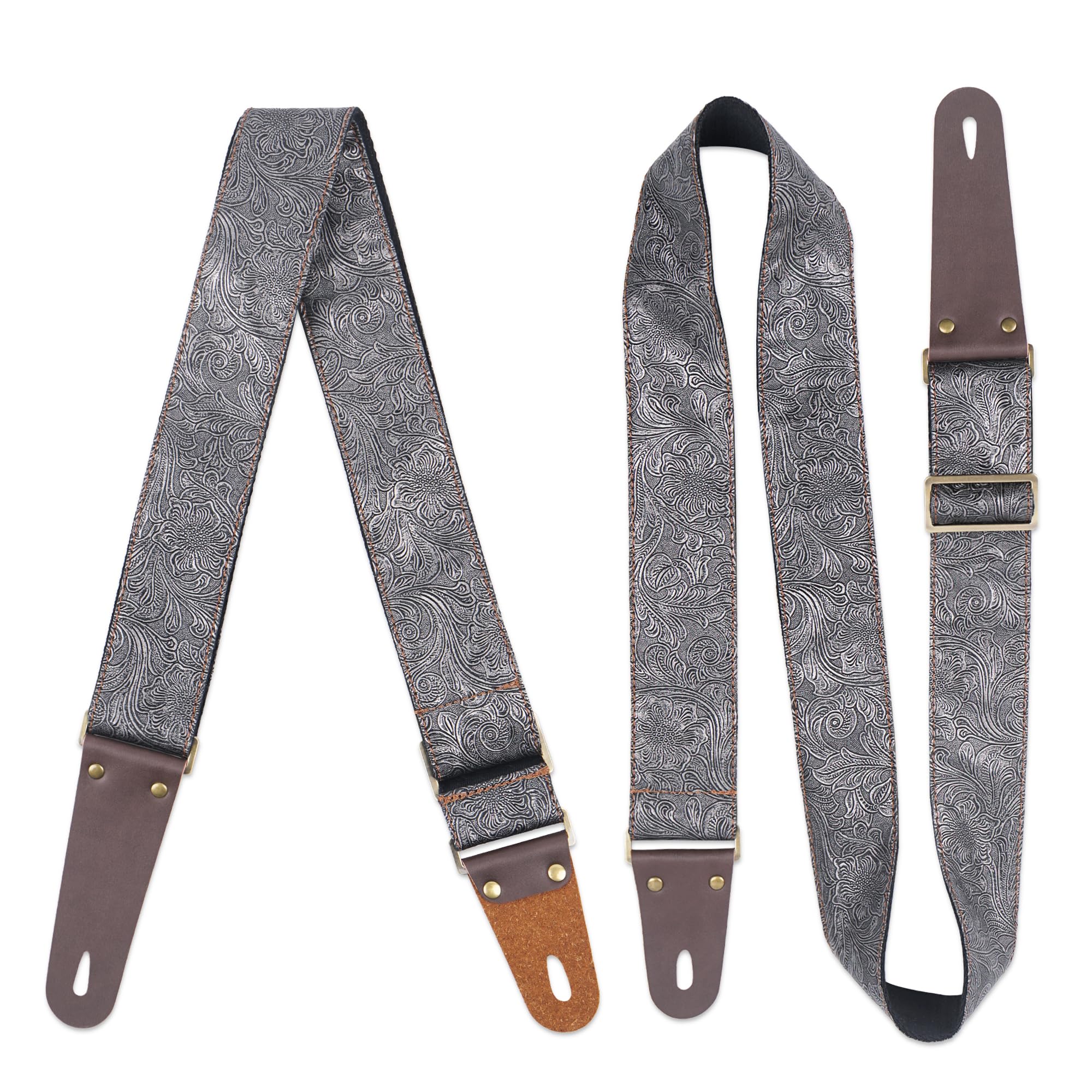 LIZIMANDU Adjustable Guitar Strap Includes 2 Strap Locks & 2 Matching Picks & 1 Picks Holder & 1 leather Strap Button(1-Carving Silver)