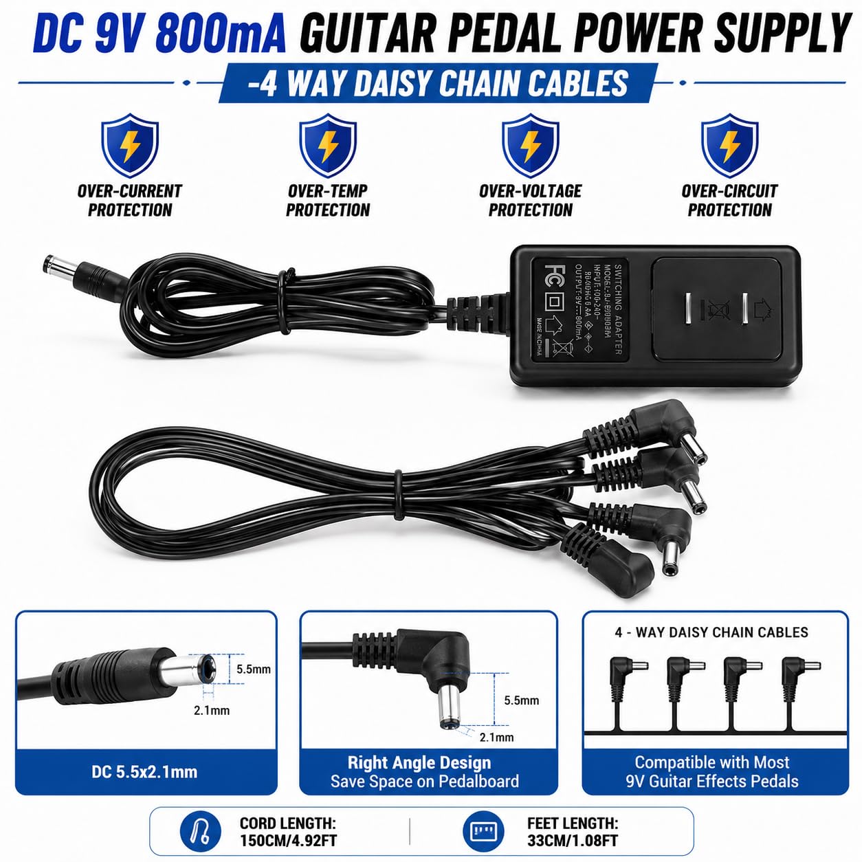 AITONE 9V DC Guitar Pedal Power Supply, 800mA Center-Negative Adapter with 4-Way Daisy Chain, 5.5 x 2.1mm Plug, 100-240V Input for Effects Pedals