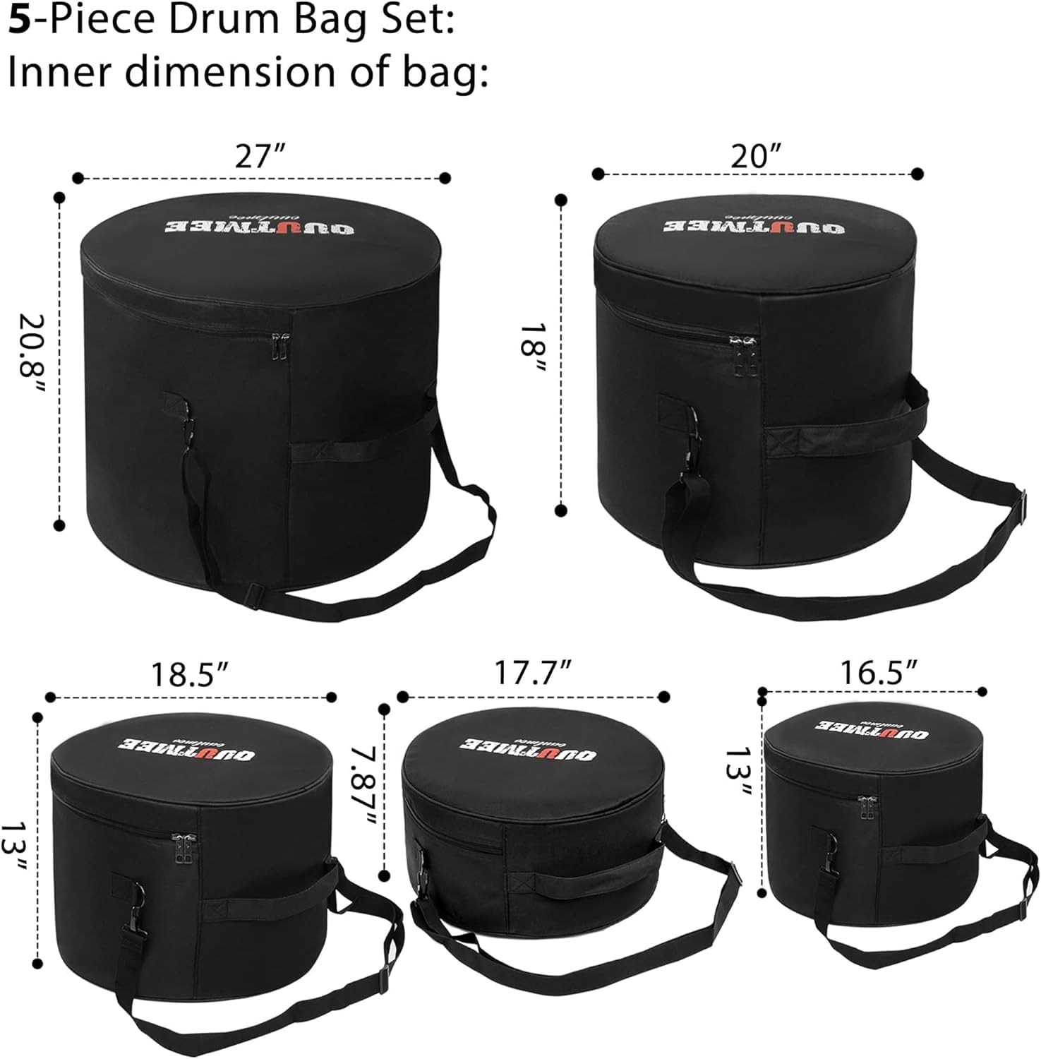 OUUTMEE 5-Piece 4mm Padded Drum Bag Set Carrying Cases Cover
