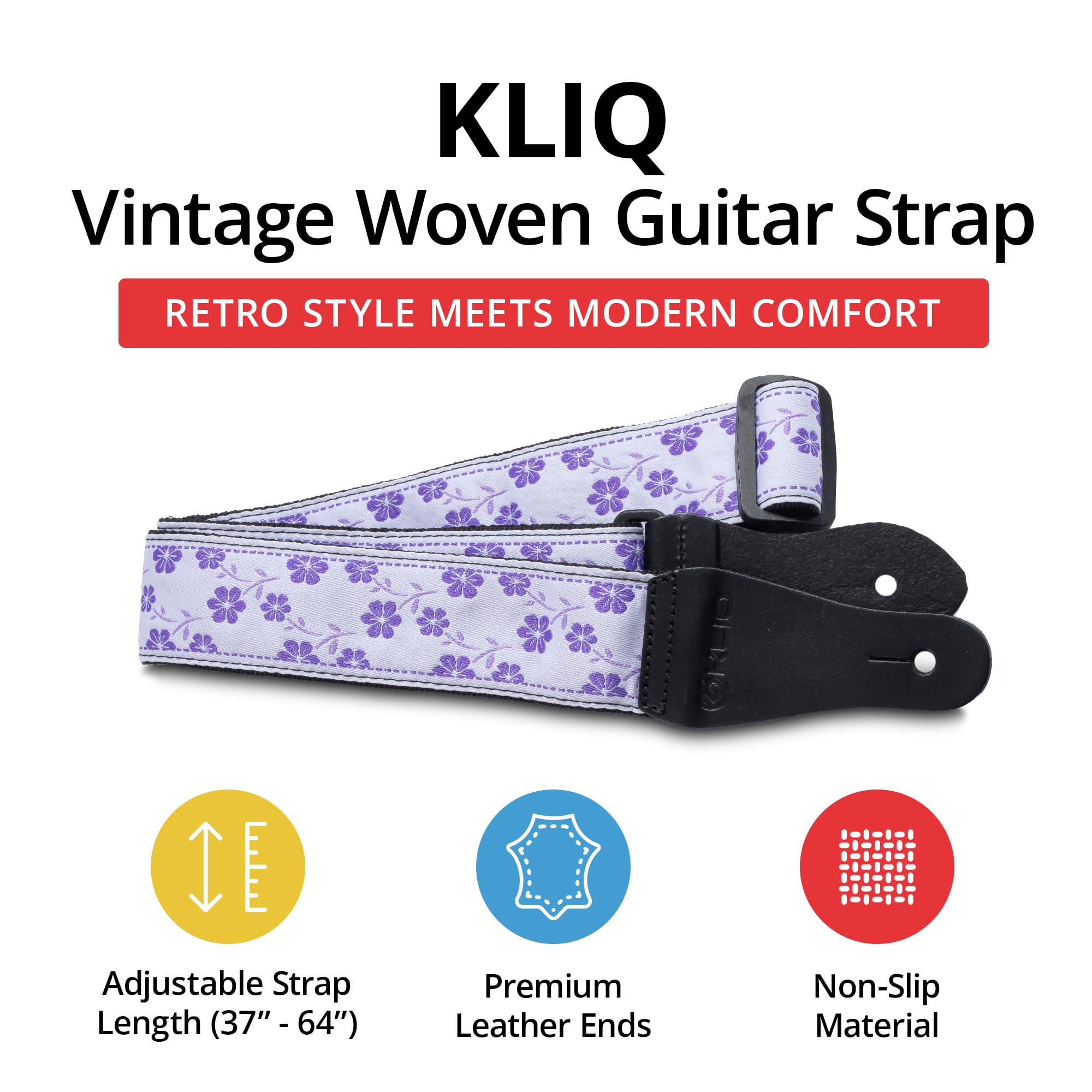 KLIQ Vintage Woven Guitar Strap for Acoustic and Electric Guitar, Lavender Wildflower