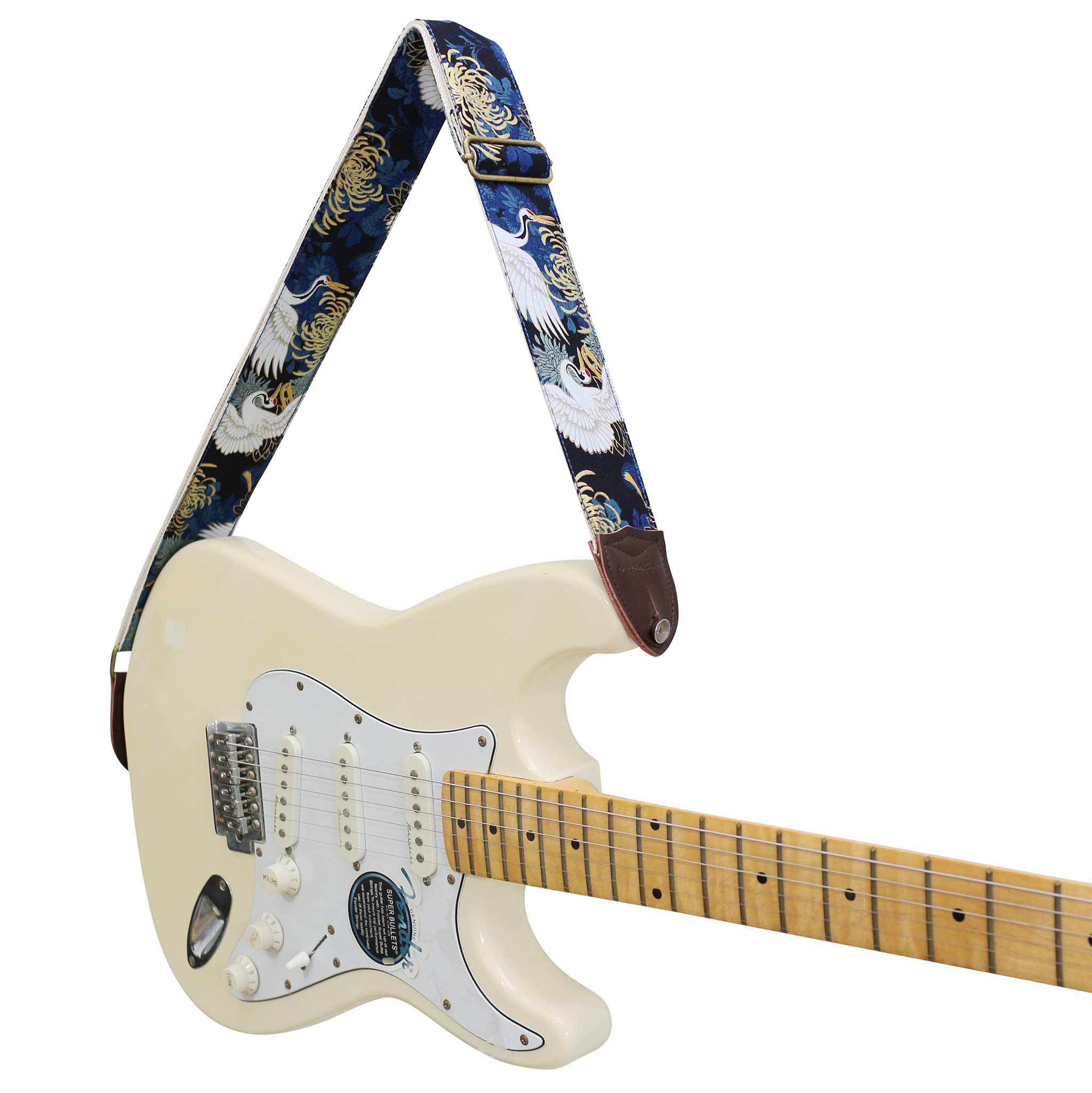 MUSIC FIRST Original Design, 2 inch width (5cm), Vintage Ukiyoe Style Chrysanthemum & Crane in Blue Electric Guitar Strap Bass Strap (Chrysanthemum & Crane in Blue)