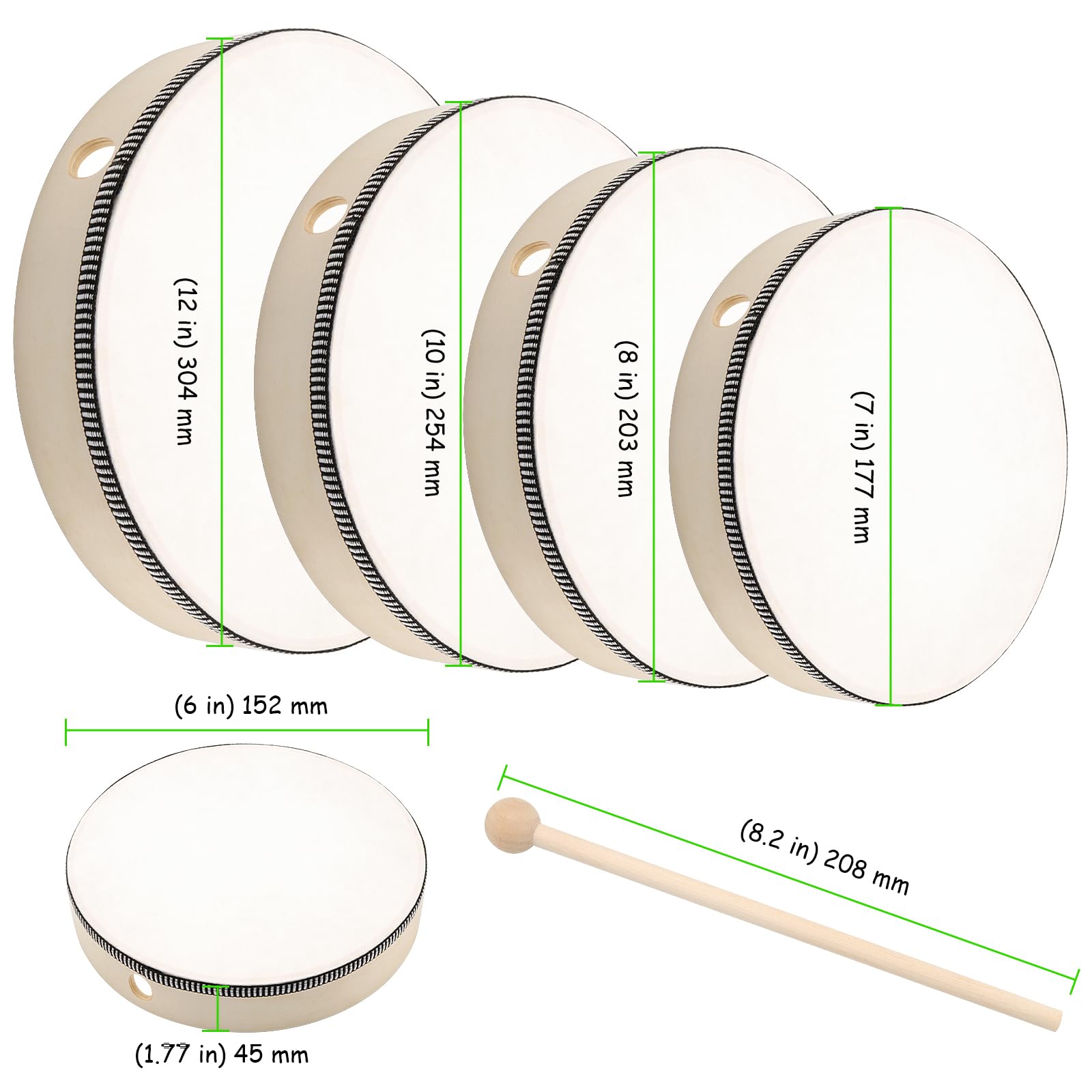 TAICHEUT 5 Pcs Hand Drum Set, 6 Inch 7 Inch 8 Inch 10 Inch 12 Inch Wood Frame Drum Kit with Drum Stick, Hand Held Drums for Adults, Beginners Party Supplies