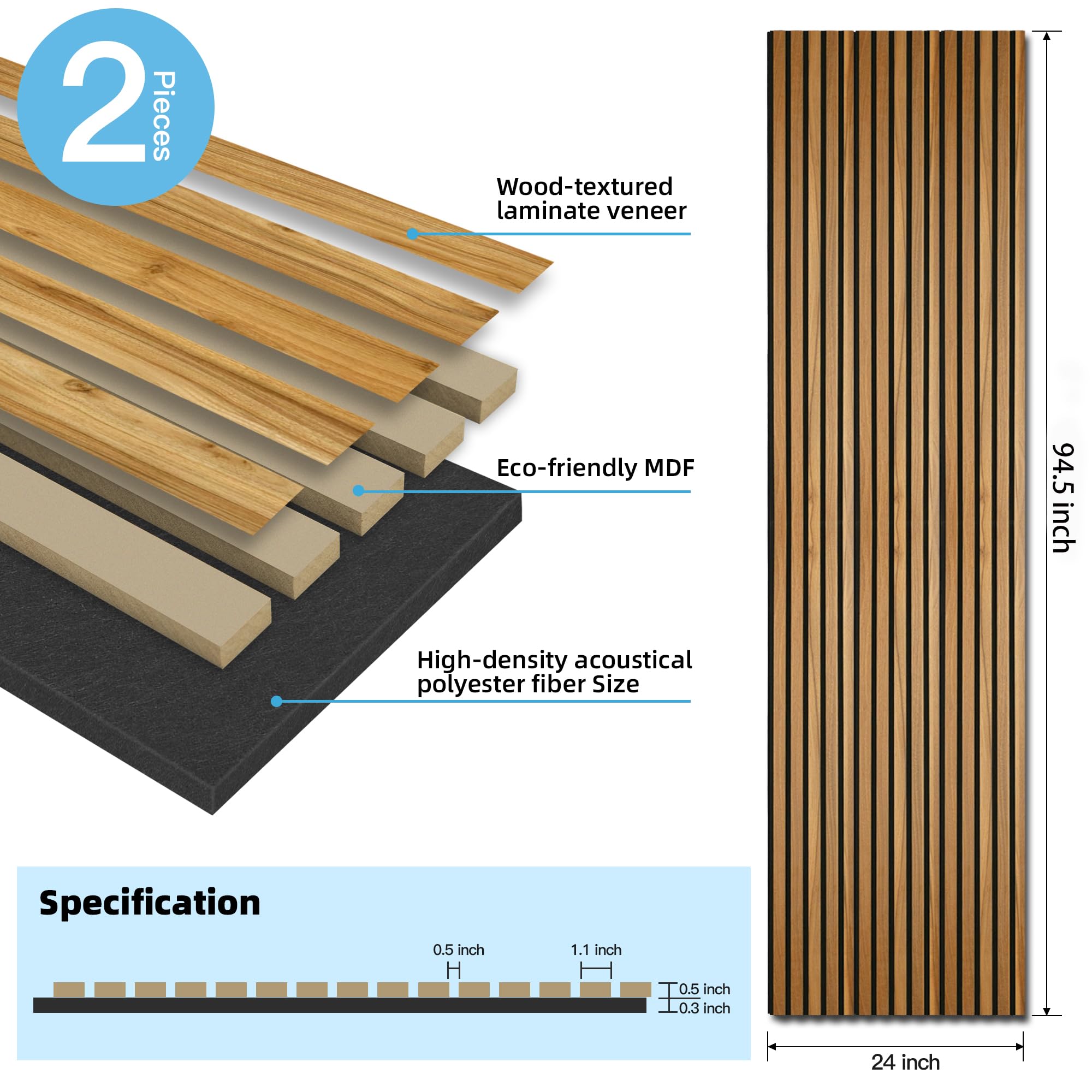 Art3d Acoustic Wood Slat Panels 94.5″x24″, 2-Pack, 31sq.ft, Teak