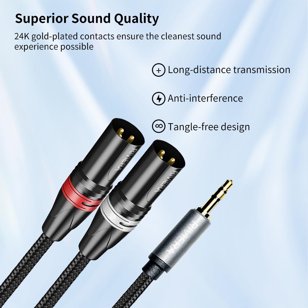 RIVIERA 10FT/3.0M Audio Cable 1/8 Inch 3.5mm Stereo TRS to Dual XLR Male Y-Splitter Adaptor Interconnect Patch Cord with Nylon Braid Aux Jacket and Sheild Wire Low Noise for Muscial Instrument