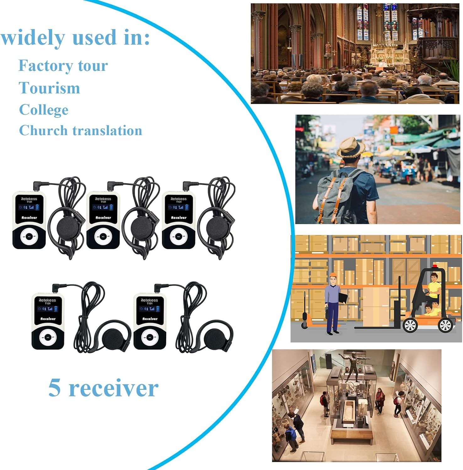 Retekess T131 Tour Guide Headsets Receiver, Church Translation System