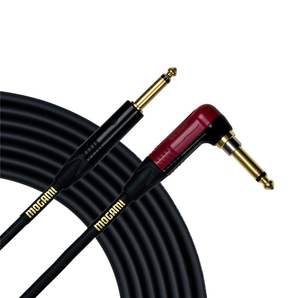 Mogami Gold INST Silent R-18 Guitar Instrument Cable, 1/4″ TS Male Plugs, Gold Contacts, Right Angle silentPLUG to Straight Connectors, 18 Foot