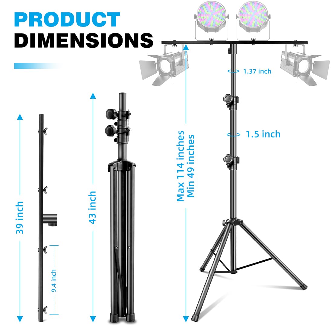 DJ Light Stand, T-Bar Tripod Stage s Portable and Adjustable 49-114 Inch Heavy Duty