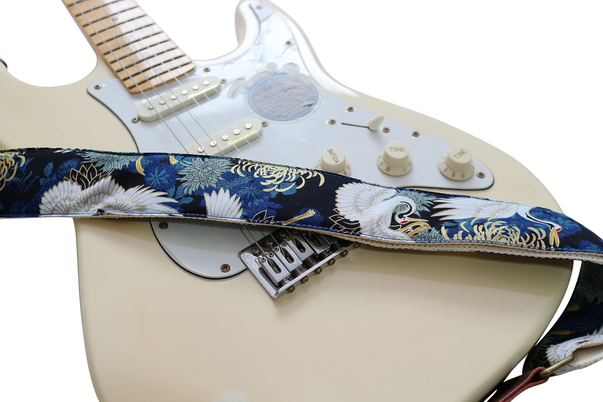 MUSIC FIRST Original Design, 2 inch width (5cm), Vintage Ukiyoe Style Chrysanthemum & Crane in Blue Electric Guitar Strap Bass Strap (Chrysanthemum & Crane in Blue)