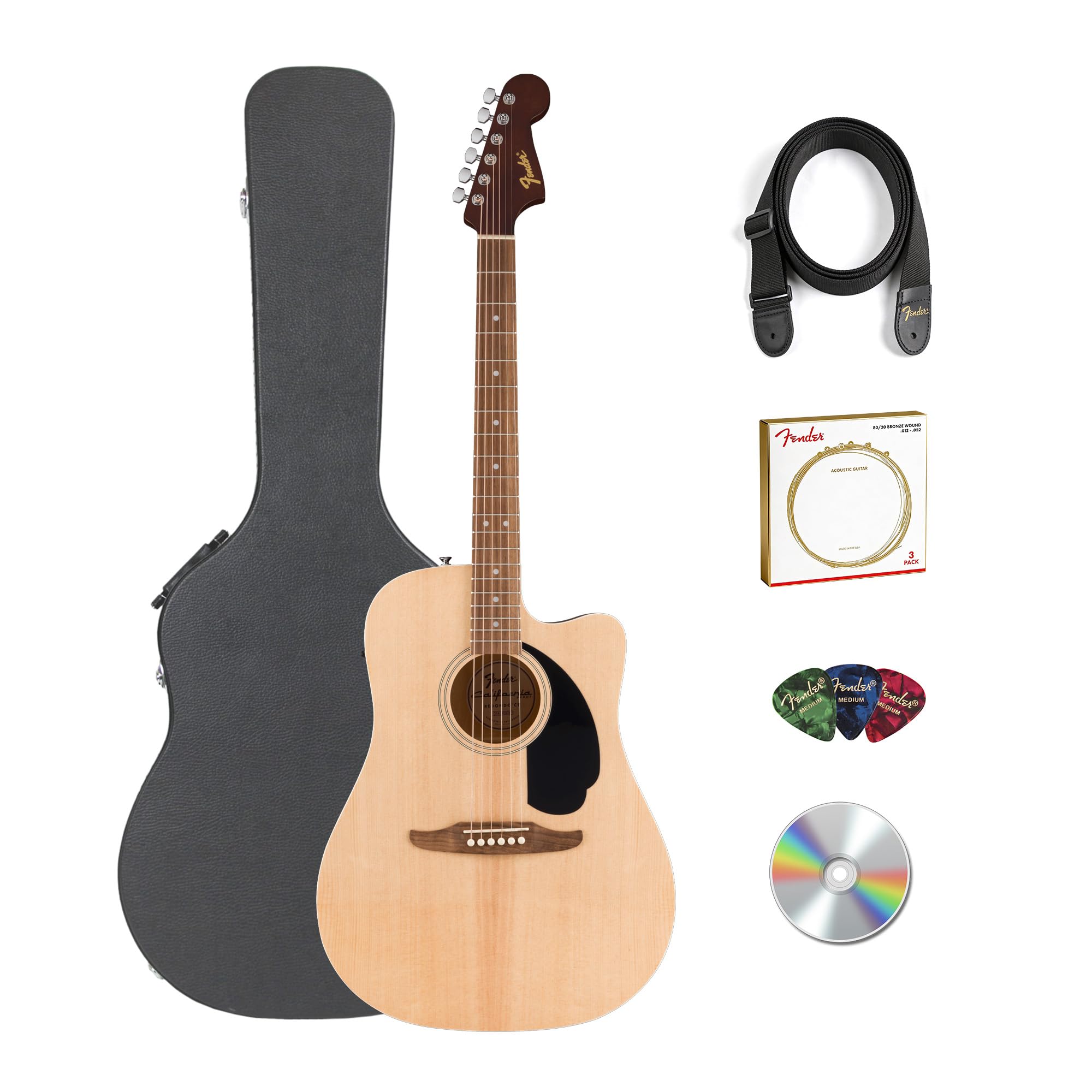 Fender Redondo CE Acoustic-Electric Guitar – Natural Bundle with Hard Case, Strap, Strings, Picks, and Austin Bazaar Instructional Video