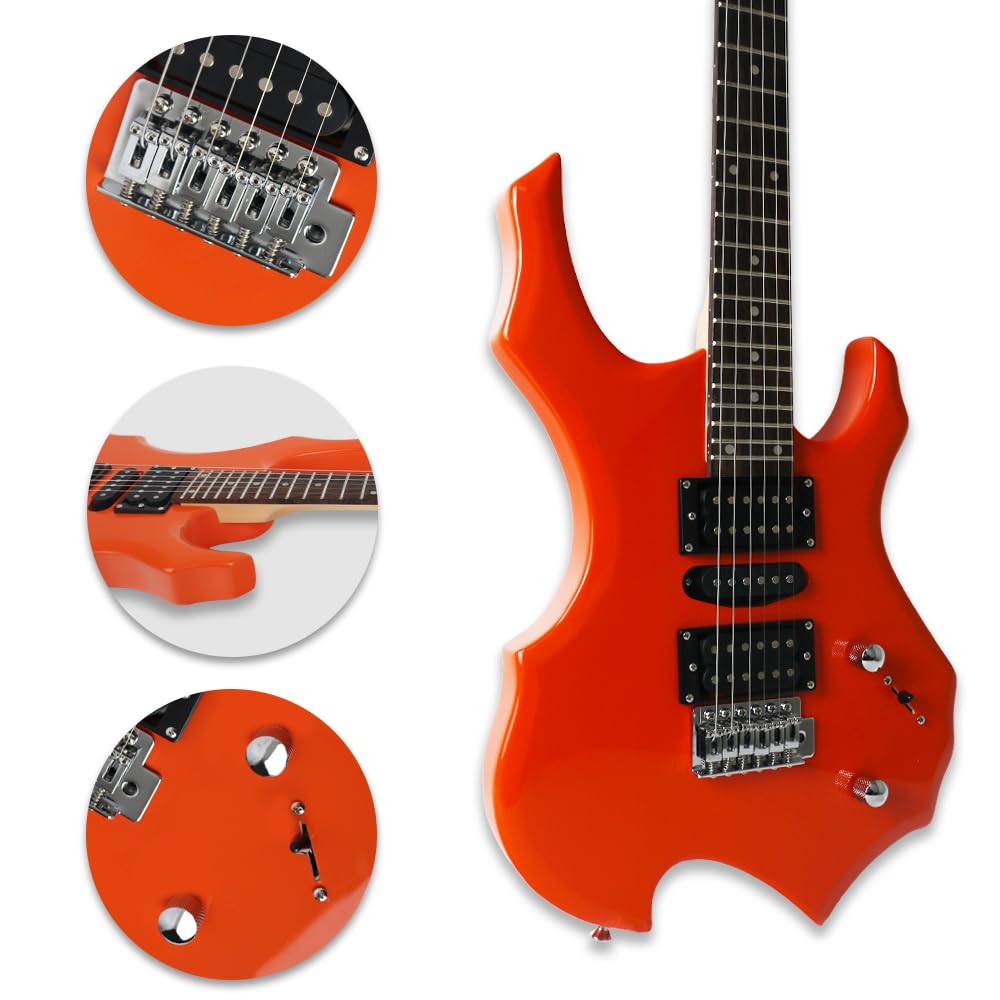 Electric Fire Flame Guitar Kit With Standard 20W Amp Set Orange Color Solid Popular Body Maple Neck 24F Fingerboard HSH Pickups Single Tremolo Bridge Accessories Pack In As Free